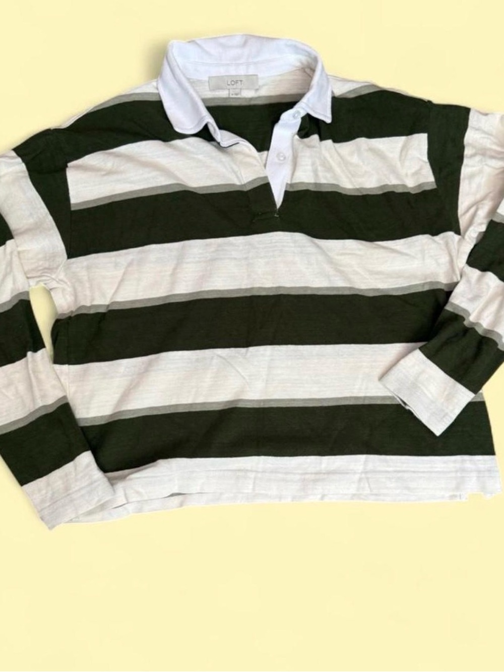 LOFT Women's Long-Sleeve Green & White Striped Rugby Top